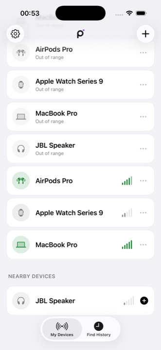 Devices list with saved earbuds, Apple Watch and MacBook