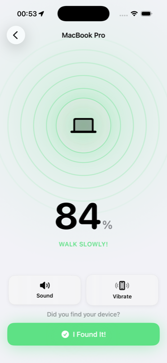 Poddi radar showing 84% signal strength to MacBook Pro